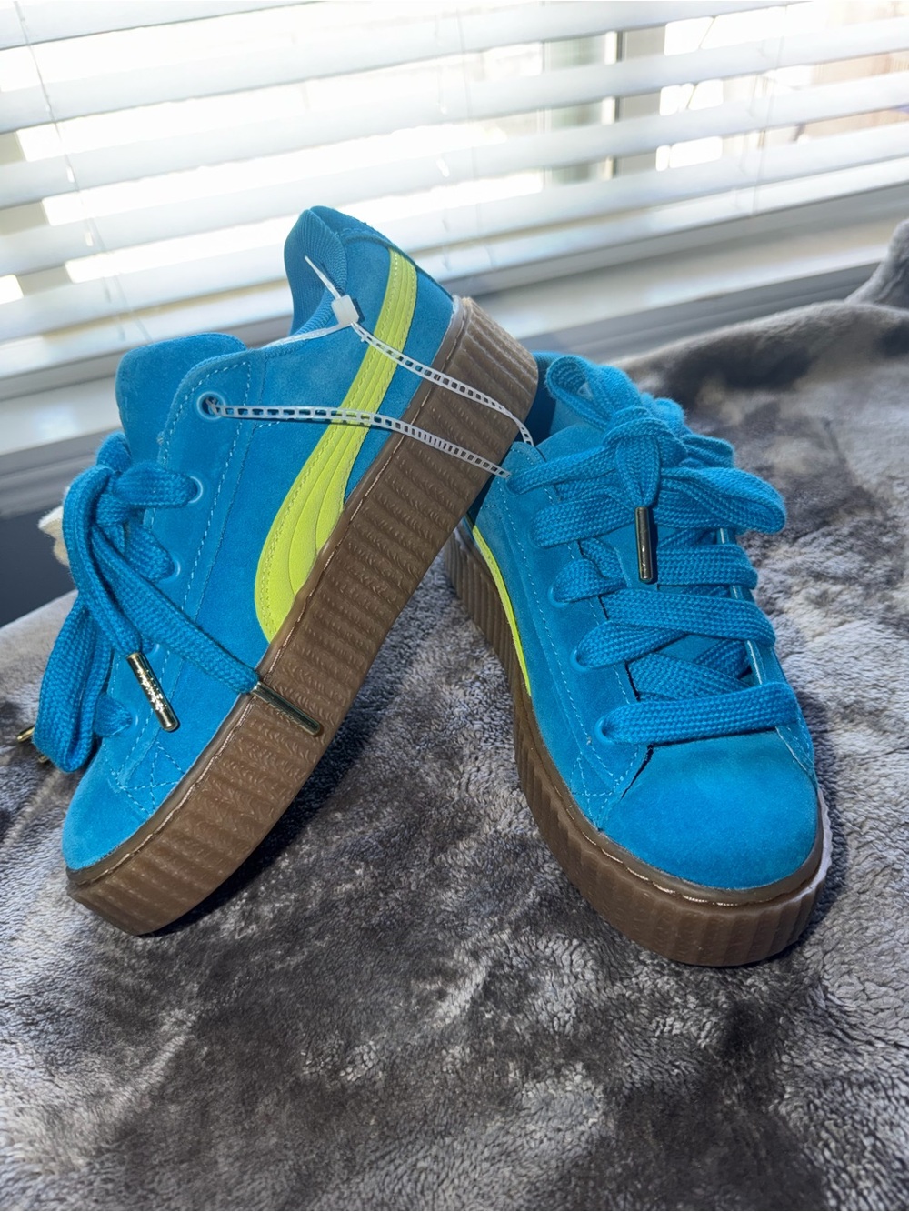 Puma Kids Turquoise Suede Sneakers with Lime Accent